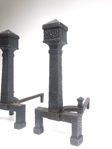 lot 285 image: Antique Cast Iron Arts & Crafts era Fireplace Andiron Set
