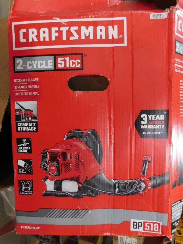 lot 27 image: CRAFTSMAN BP510 51-cc 2-cycle 220-MPH 600-CFM Gas Backpack Leaf Blower