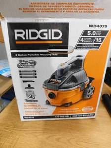 lot 30 image: RIDGID 4 Gallon 5.0 Peak HP Portable WetDry Shop Vacuum with Fine Dust Filter, Locking Hose and Accessories