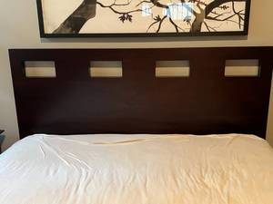 lot 8 image: Queen Size Bed with Bedding & Pillows.   Located in Basement