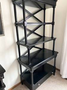 lot 39 image: Black Bookcase 4 Shelves and Bottom Drawer Located Upstairs