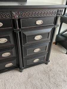 lot 42 image: Aspen Home Large Black Wooden Dresser with Mirror Located Upstairs