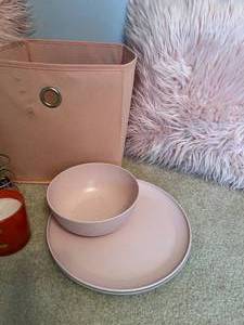 lot 68 image: Lot of Pink Apartment Accessories Pillows, Silverware, and More