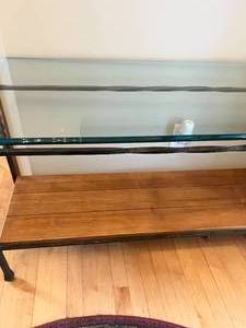 lot 99 image: Ethan Allen Glass Entryway Table with Metal Feet and Wood Shelf