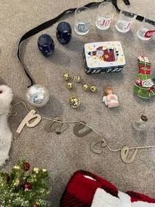 lot 125 image: Christmas Decor Lot, Glasses, New Sherpa Blanket and More