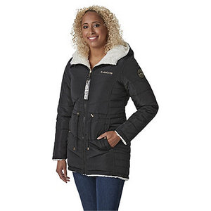 lot 61 image: Brand New Bebe Womens Plus Reversible PufferFaux-Fur Hooded Jacket Brown