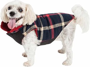 lot 125 image: New Pet LifeAllegiance Plaid Dog Coat - Insulated Plaid Dog Jacket with Reversible Sherpa