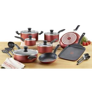 lot 191 image: New T-Fal Initiatives 18-Pc. Nonstick Aluminum Cookware Set - Red
