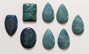 lot 39 image: Eight Large Azurite and Green Moss Agate Polished Stone Beads