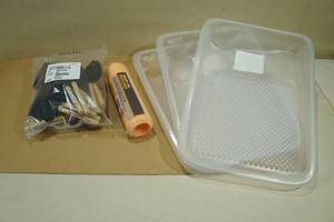 lot 107 image: 3 Plastic Disposable Paint Trays with 9x12 Roller Refill and 15 Foam Brushes