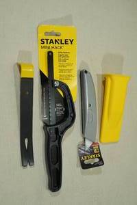 lot 163 image: Stanley Tools -Utility Knife and Case, Mini Hack Saw and Crow Bar