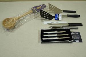 lot 216 image: Assorted Kitchen Products -Bamboo Ladle, Rada Knives, Spatulas