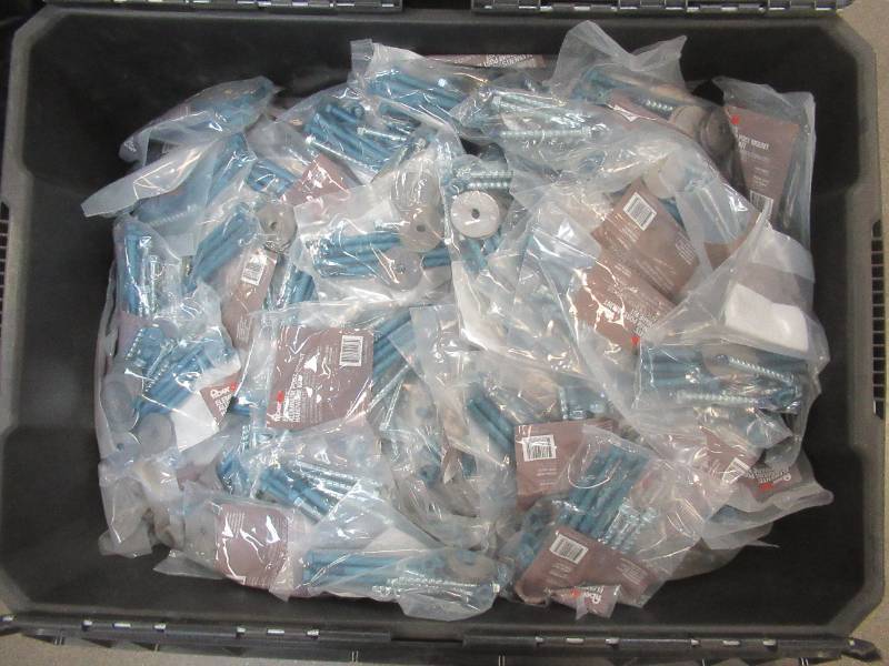 lot 599 image: Bin of Fiberon Elements Railing Black Aluminum Post Mount Hardware Pack WoodConcrete (NEW)  SOLD AS IS