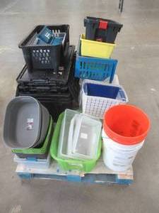 lot 187 image: Pallet of Miscellaneous Storage Bins - USED IN WAREHOUSE, Some Bins may have cracks - SOLD AS IS