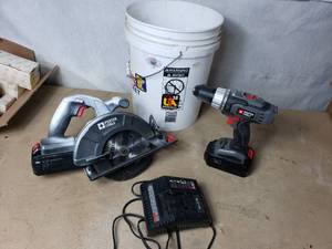 Porter Cable 18V Drill and Circular Saw, 2 Batteries, Charger, 5 Gallon Pail