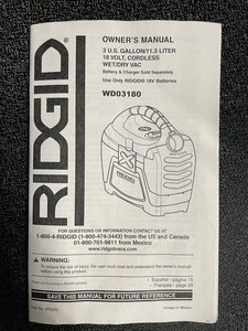 Ridgid 18V Cordless Shop Vacuum WetDry WD0180 - Open box
