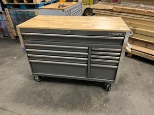 Husky 52 in x 24.5 in Standard Duty 10-Drawer Mobile Workbench Tool Chest with Solid Wood Work Top