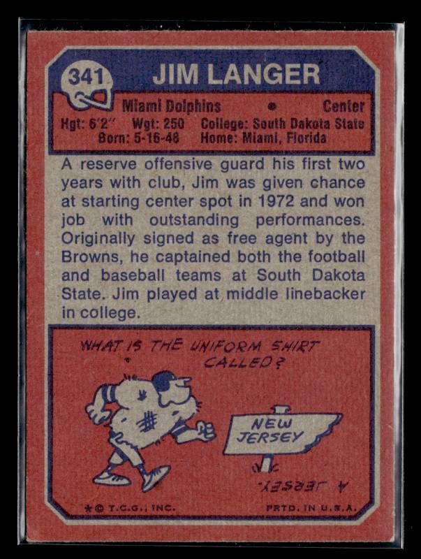 1973 Topps Jim Langer Rookie #341