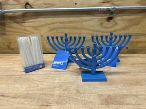 lot 93 image: SPRITZ Lot of 3 Menorahs (blue) with a box of white candles (45 count)