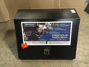 lot 26 image: Montezuma 31 in. W x 20 in. D Portable Triangle Top Tool Chest for Sockets, Wrenches and Screwdrivers in Black Powder Coat, Open Box, Review all pictures