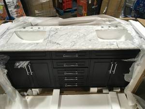 lot 32 image: Home Decorators Collection Aberdeen 72 in. W x 22 in. D x 34.50 in. H Bath Vanity in Black with White Carrara Marble Top, HAS DAMAGE, review all pictures