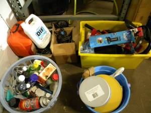 lot 145 image: Tubs, Totes, Baskets Full of Tools, Supplies, Cleaners, Pumps, Bike Parts and Miscellaneous Goods