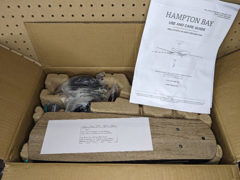 lot 73 image: New Hampton Bay Wellston II 44 in. Indoor LED Matte Black Dry Rated Downrod Ceiling Fan with 5 Reversible Blades and Light Kit