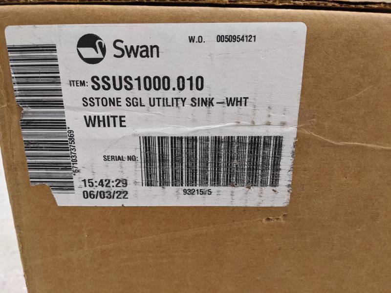 lot 129 image: New Swan 25 in. x 22 in. x 13.6 in. Solid Surface Undermount Utility Sink in White