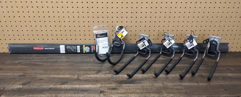 lot 78 image: New Rubbermaid FastTrack Garage 48 in. Hang Rail Track Storage System, FastTrack Garage Rail Hardware Pack, and (5) FastTrack Accessories