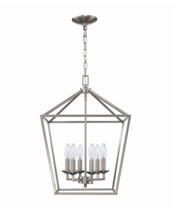 lot 181 image: New Home Decorators Collection Weyburn 6-Light Brushed Nickel Caged Farmhouse Chandelier for Dining Room, Lantern Kitchen Light