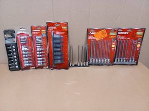 lot 161 image: Husky 38 in. Drive SAE Hex Bit Socket Set, (2) 14 and 38 in. Drive Torx Bit Socket Sets, 12 in. Drive Impact Torx Set, (2) 38 in. Drive SAE Long Ball Bit Socket Sets, and a 38 in. Drive Metric Long Ball Hex Bit Socket Set