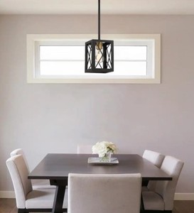lot 21 image: Harwood 1-Light Matte Black Industrial Mini Pendant Rectangular Cage Hanging Light, Kitchen Pendant Lighting by Home Decorators Collection