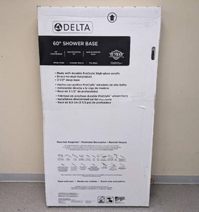 lot 17 image: New Delta Classic 400 60 in. L x 32 in. W Alcove Shower Pan Base with Right Drain in High Gloss White
