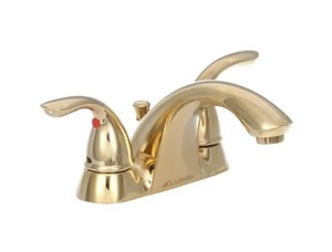 lot 184 image: New, Set of 2 Glacier Bay Builders 4 in. Centerset 2-Handle Low-Arc Bathroom Faucets in Polished Brass