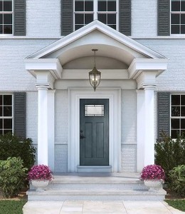 lot 2 image: Brand New Jeld-Wen Prehung Right-Hand  1-Lite Craftsman Wendover Denim Stained Fiberglass Front Door with Brickmould 36 in. x 80 in.