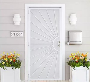 lot 142 image: New Nuevo Dia White Steel Surface Mount Outswing Security Door with Perforated Steel Screen Inlay 36 in. x 80 in.