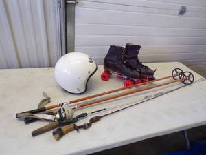 lot 161 image: Vintage Helmet, Wood Ski Poles, Roller Skates, and fishing poles