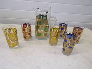 lot 21 image: RARE West Virginia Glass Company Handmade Medieval Glassware Set With Pitcher