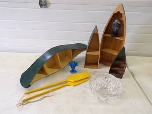 lot 62 image: Lot of Wooden Boat Shelves Crystal Bowl and More