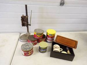 lot 76 image: Nice Collection of Vintage Coffee Tins Shaving Mug and Brush and More