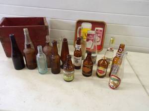 lot 78 image: Lot of Awesome Vintage Various Beer Bottles, Wooden Box, and Beer Sign