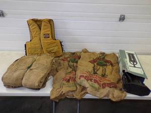 lot 88 image: Lot of Vintage Seed Bags Stearns Life Vest Air Pump and More Tote Included