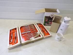 lot 105 image: Lot of Cool Vintage Knives Never Used Sheffield England, and Never use Pioneer Coffee Caraf and Mugs