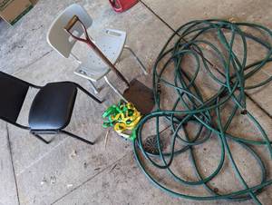 lot 9 image: Shovel, hose, straps and 2 chairs...