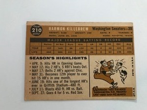 lot 178 image: 1960 Topps 210 Harmon Killebrew baseball card