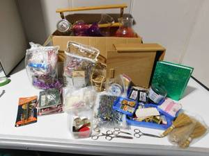 lot 220 image: Tote of craft & sewing supplies And box of vases