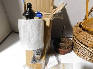 lot 225 image: Wall lamp, baskets, plant stand and more