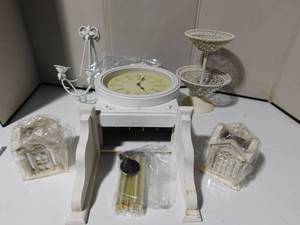 lot 226 image: Chime wall clock, candle holders standing basket dcor