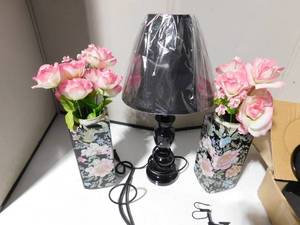 lot 228 image: 2 vases, 2 bowls, lamp, bicycle dcor and wall candle holder