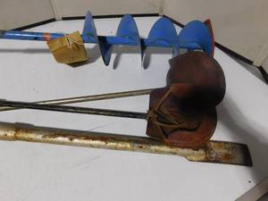 lot 243 image: 2 vintage augers w leather sheaths, 1 hand auger and a chisel
